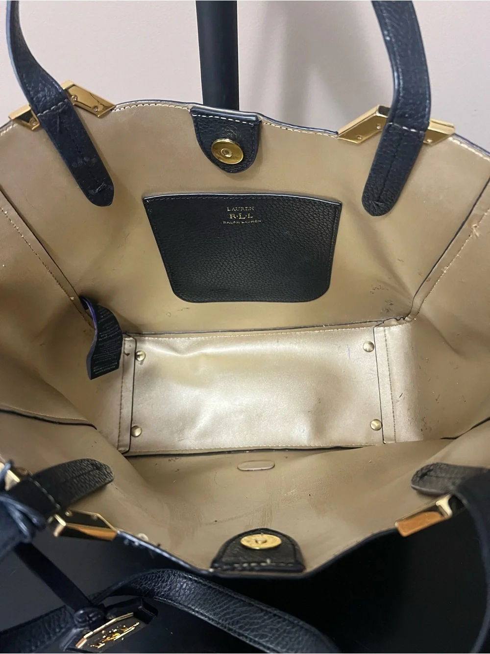 Lauren Ralph Lauren Arcadia Black Pebbled Leather Tote with Gold Accents